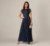 Short Sleeve Linear 3D Floral Beaded Gown In Navy