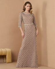 Pearl Embellished 3/4 Sleeve Gown