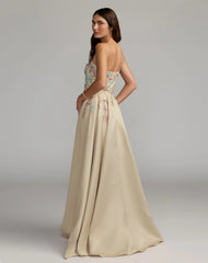 Beige One Shoulder Embellished Gown With Train