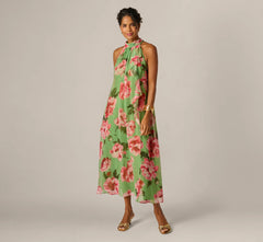 Draped Floral Chiffon Halter Trapeze Gown In Lime Multi