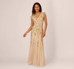 Floral Beaded Mermaid Gown With Flutter Cap Sleeves In Light Champagne