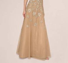 Strapless Floral Beaded Embroidery Gown In Taupe Pink