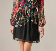 Long Sleeve Wildflower Print Short Dress In Black Multi