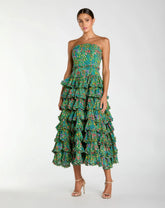 Green Strapless Floral Cotton Ruffle Midi Dress