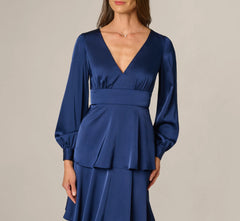 Long Sleeve Satin Tiered Gown In Navy Sateen