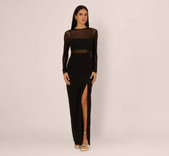 Long Sleeve Knit Crepe Mesh Illusion Column Dress In Black