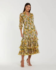 Yellow Floral V Neck Ruffle Midi Dress With 3/4 Sleeves
