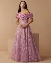 Purple Off The Shoulder 3D Floral Embroidered A-Line Gown