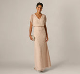 Short Sleeve Blouson Rose Floral Beaded Gown In Shell