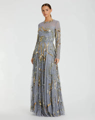 Long Sleeve Embellished Illusion Evening Gown