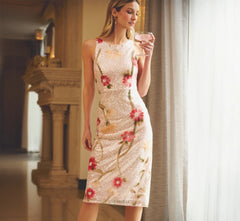 Sequin Floral Midi Sheath Dress In Silver Blush Multi