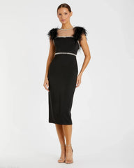 Feather Cap Sleeve Pearl Embellished Tea-length Dress