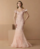 Pink Embroidered Lace Flutter Sleeve Mermaid Gown