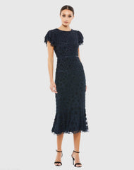 Navy Hand Beaded Flounce Sleeve Midi Dress