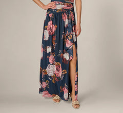 Strapless Ruched Floral Stretch Mesh Gown In Navy Multi