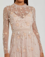 Light Pink Sheer Long Sleeve Embellished Mini Dress