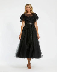 Embellished Flutter Sleeve Bow Waist A Line Dress