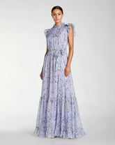 Light Purple Floral Chiffon Cap Sleeve Gown