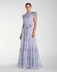 Light Purple Floral Chiffon Cap Sleeve Gown