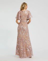 Pink Embellished Lace V Neck Butterfly Sleeve Gown