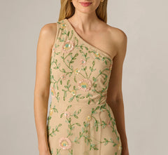One Shoulder Floral Vine Beaded High Low Gown In Light Champagne