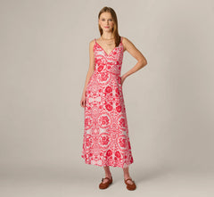 Crochet Trim Ikat Print Midi Sundress In Red Blue