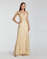 Gold V Neck Flutter Sleeve Embroidered Lace Gown