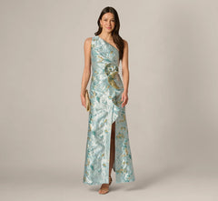 One Shoulder Floral Jacquard Rosette Gown In Blue Multi