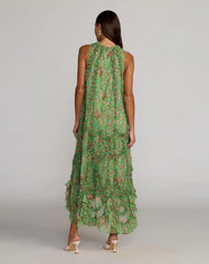Green Sleeveless Floral Chiffon Micro Ruffle Trapeze Midi Dress