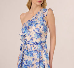 One Shoulder Metallic Stripe Floral Maxi Dress In Champagne Blue Multi