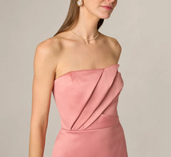 Strapless Duchess Satin Pleated Gown In Rose