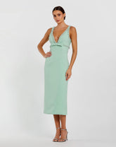 Green Crepe Fitted Midi Dress With Bow And Beaded Trim