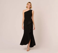 One Shoulder Ruffled Crepe Gown With Beaded Accent In Black