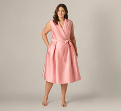 Plus Size Mikado Lapel Belted Midi Dress In Apricot Ice
