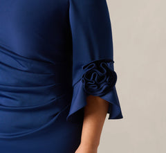 Plus Size Off Shoulder Bell Sleeve Rosette Gown In Navy Sateen