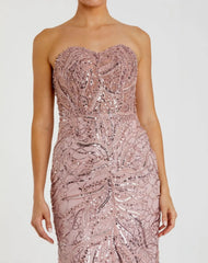 Pink Beaded Sequin Strapless Trumpet Gown