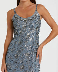 Blue Floral Embellished Scoop Neck Evening Gown
