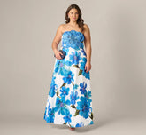 Plus Size Strapless 3D Floral Beaded Dupioni Gown In Ivory Blue Multi