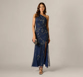 One Shoulder Floral Sequin Bead Gown In Light Navy