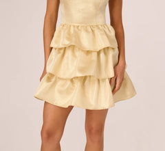 Metallic Jacquard Flounce Mini Dress In Light Gold