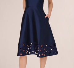 Sleeveless Taffeta Floral Cutwork Midi Dress In Light Navy