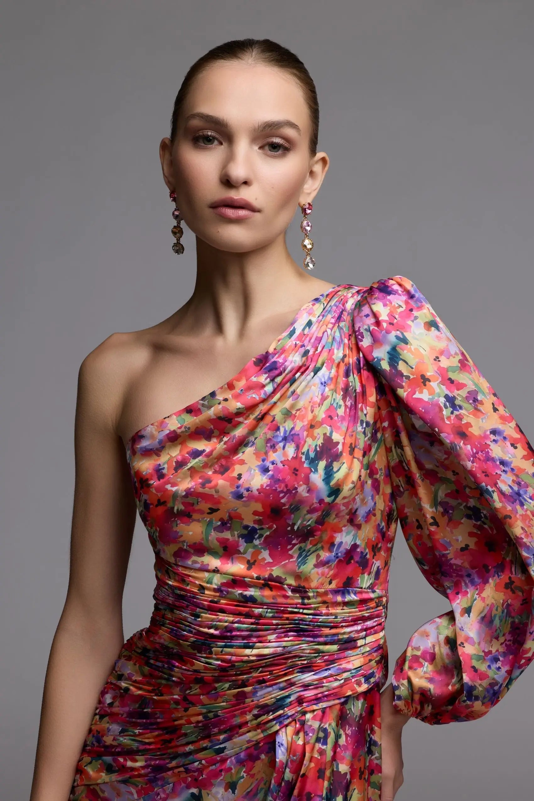 Multicolor One Sleeve Floral Print Charmeuse Gown With Slit
