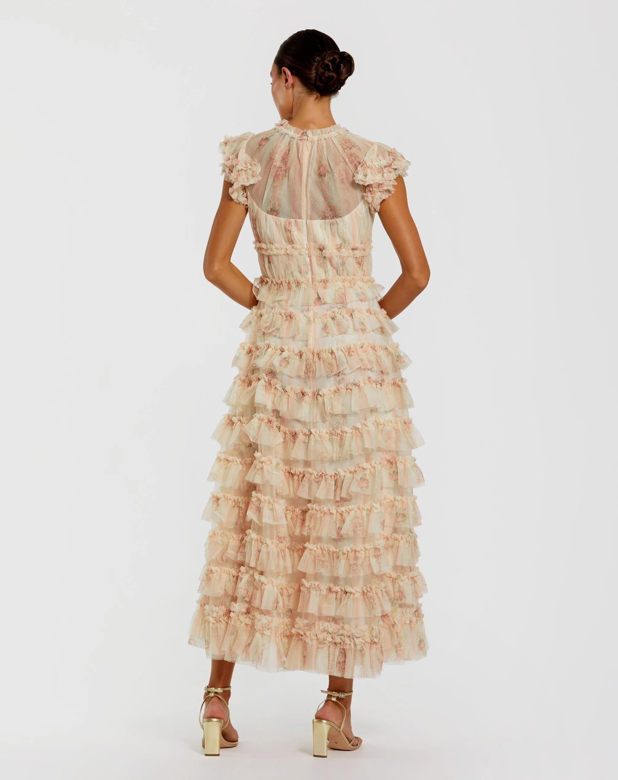 Pink Cap Sleeve Micro Ruffle Floral Midi Dress