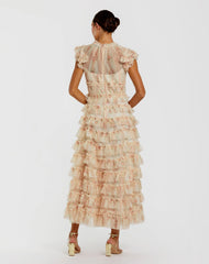 Pink Cap Sleeve Micro Ruffle Floral Midi Dress
