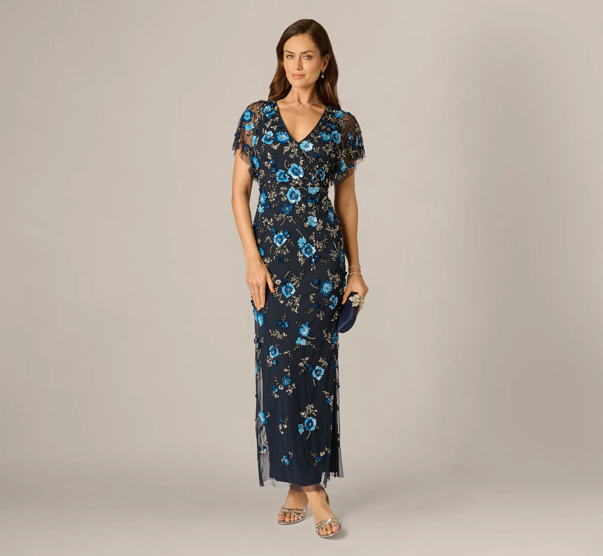 Flutter Sleeve Floral Beaded Column Gown In Midnight Multi
