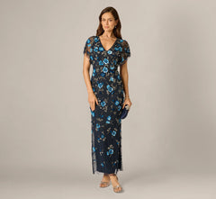 Flutter Sleeve Floral Beaded Column Gown In Midnight Multi