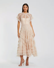 Pink Flutter Sleeve Micro Ruffle Midi Dress