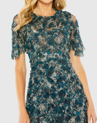 Blue Flutter Sleeve Floral Ruffle Detail Maxi Dress