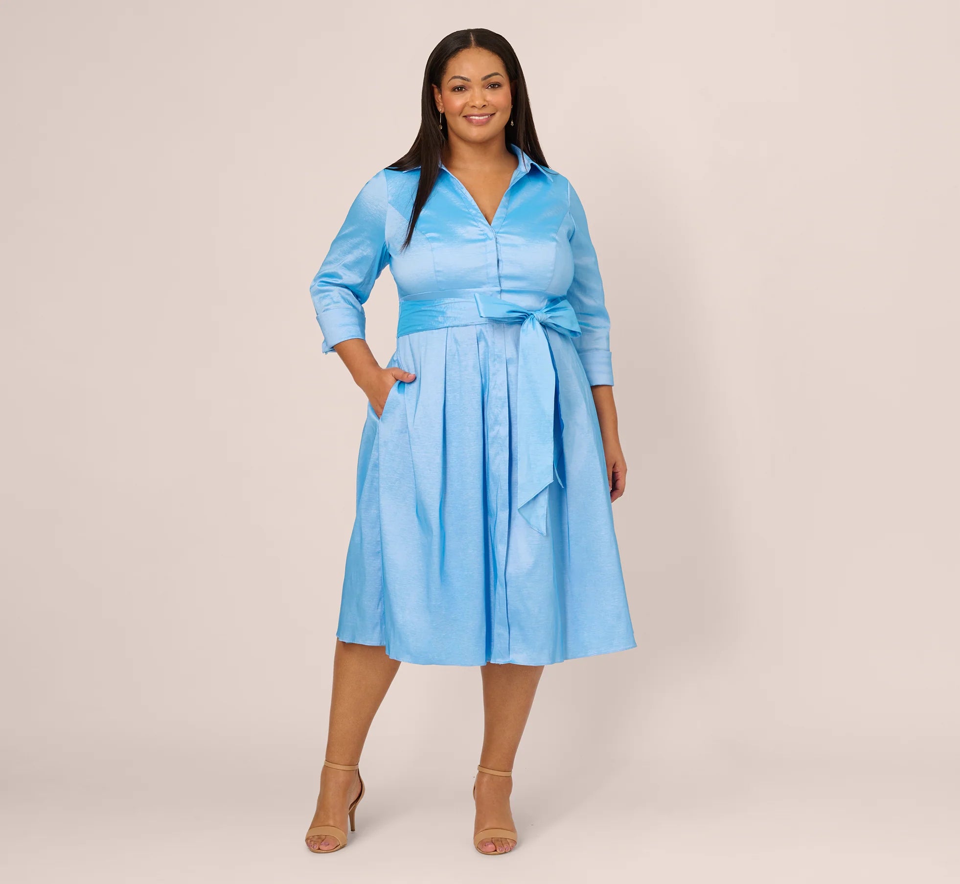 Plus Size Three Quarter Sleeve Taffeta Midi Shirt Dress In Bluebell