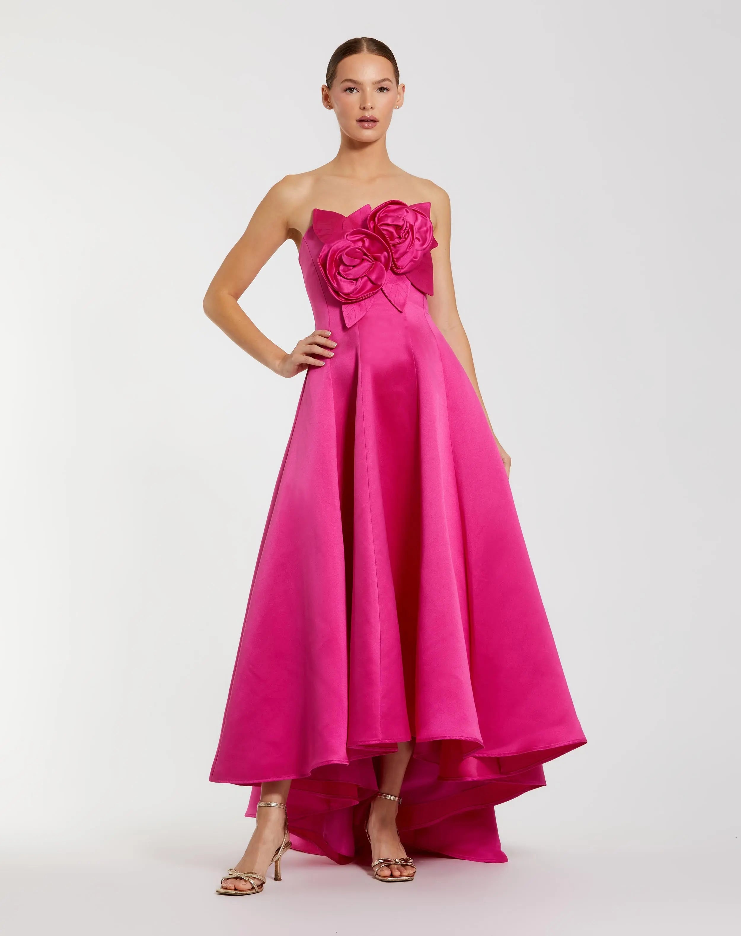 Strapless Satin High Low Gown With 3D Flowers